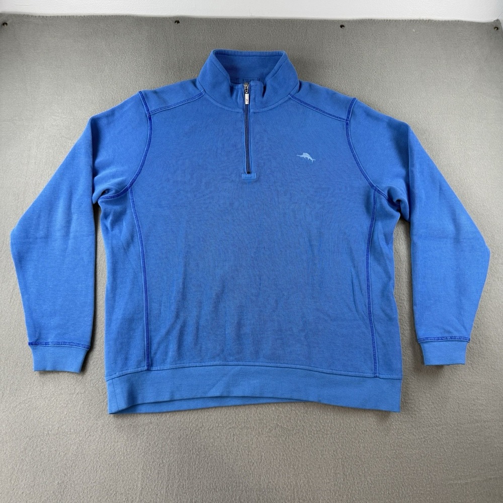 Tommy Bahama Relax Mens Large Blue 1/4 Zip Cotton Ribbed Pullover Sweater